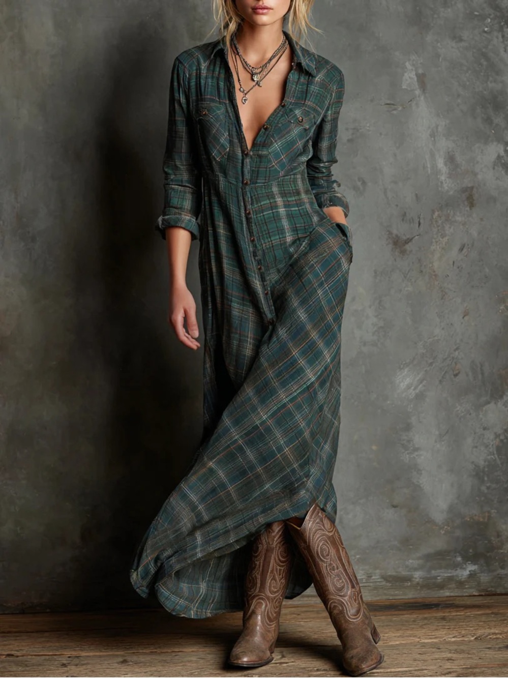 NWT MODESEES Green Plaid Maxi Shirt Dress XS Western Gothic Cabincore